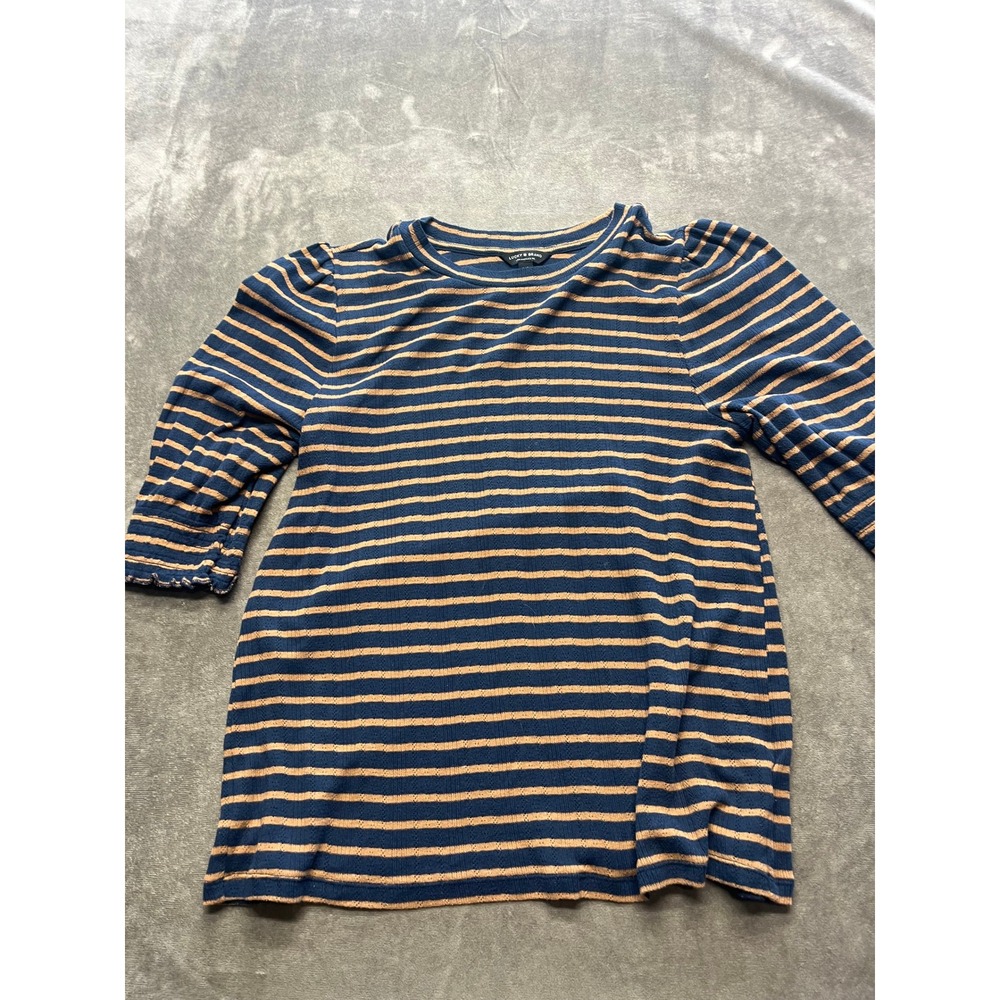 Lucky Brand Womens Striped Knit Top Puff Sleeve 3/4 Sleeve Size L G